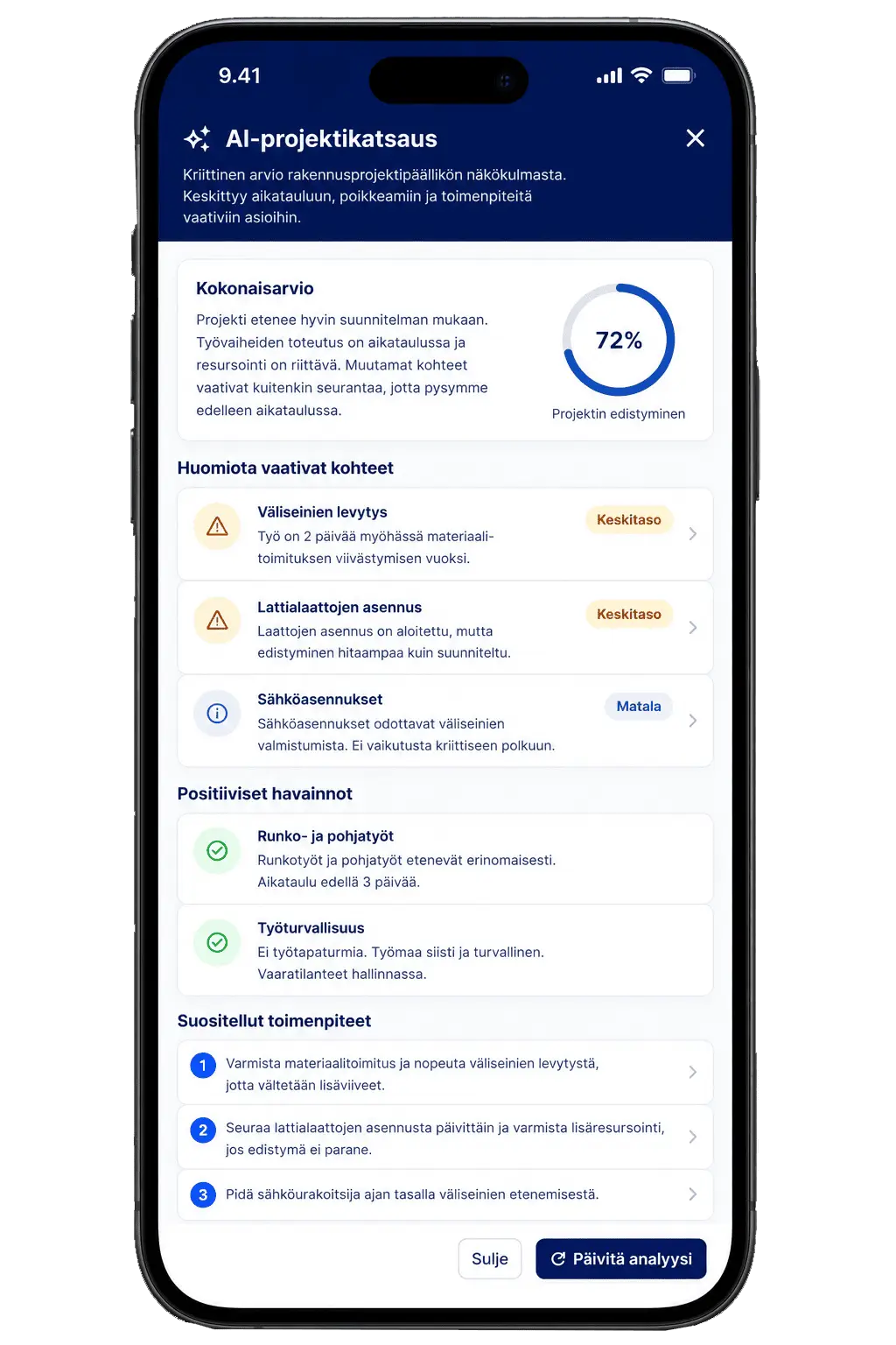 Workset AI nostaa esiin projektin tärkeimmät huomiot ennen kuin niistä tulee ongelmia.